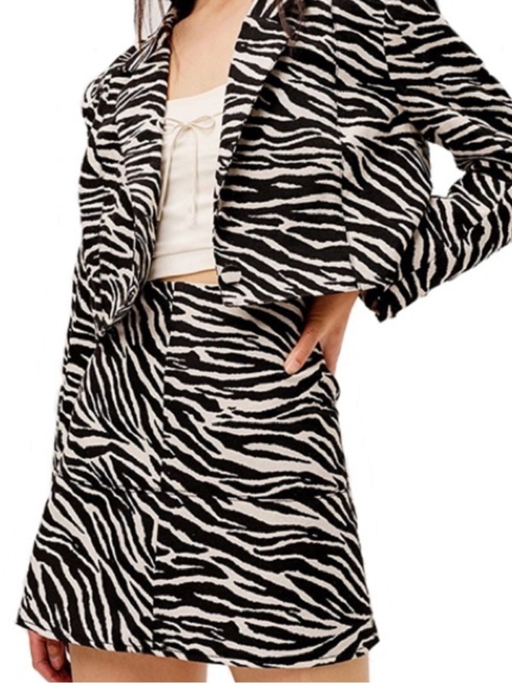 For Love and Lemons Zebra-Print Set Black & White Cropped Jacket / Skirt